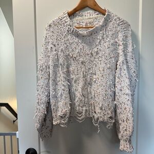 POL Distressed Confetti Sweater White Knit Colorful Boho Artsy Speckled Frayed L